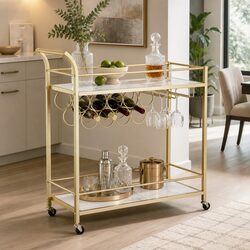 Bar Cart with Marble-Effect Shelves and Gold Frame