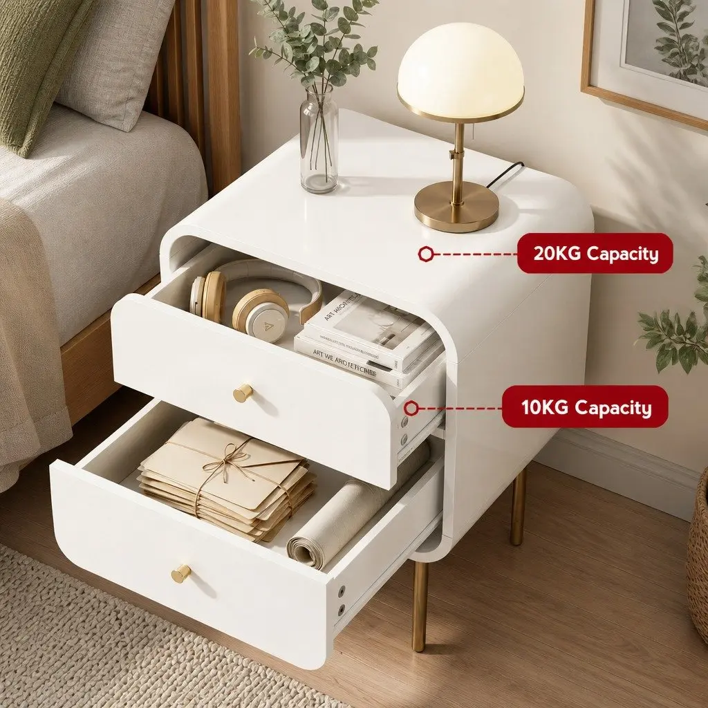 Bedside Table 2 Drawers Side End Table Nightstand White Metal Legs Storage