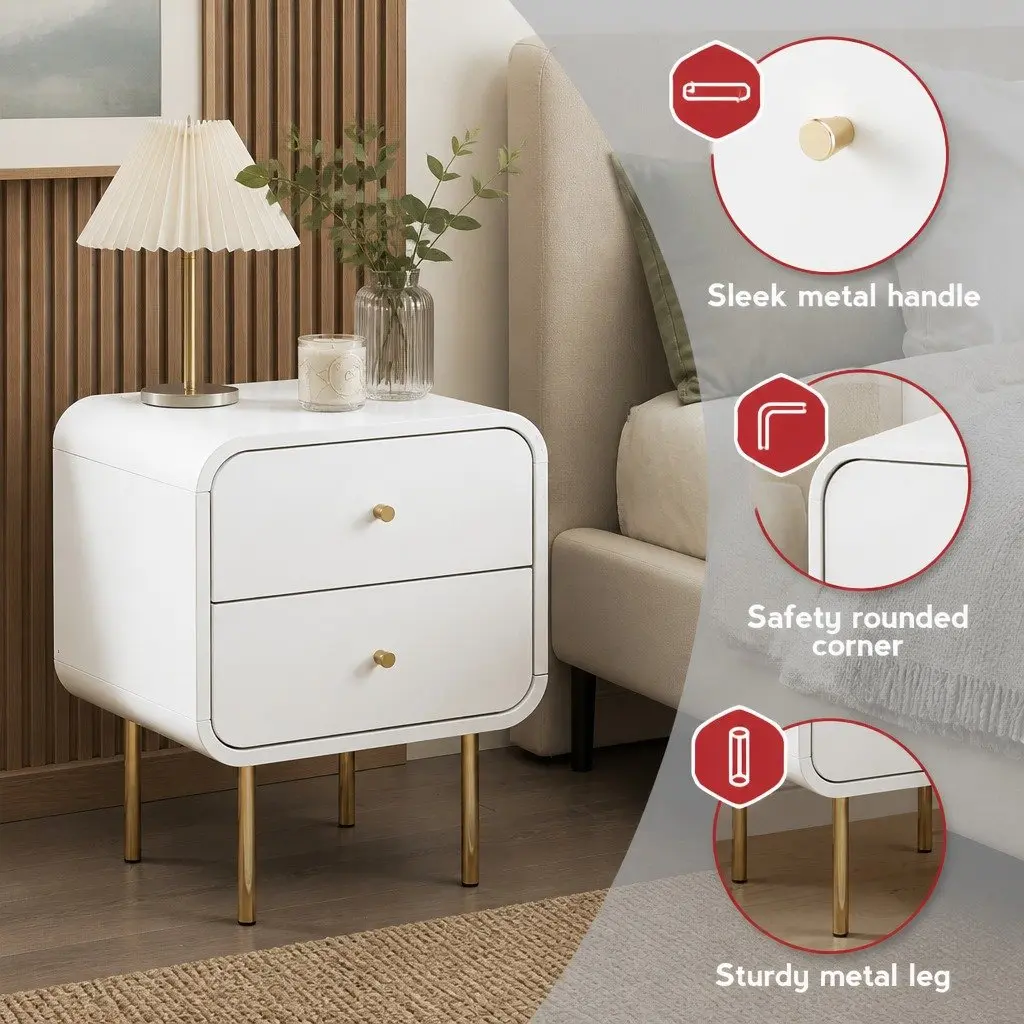 Bedside Table 2 Drawers Side End Table Nightstand White Metal Legs Storage
