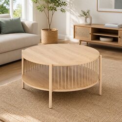 Round 2-Tier Coffee Table with Metal Frame and Storage