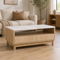 Coffee Table with Drawer and Shelf in White Marble Effect