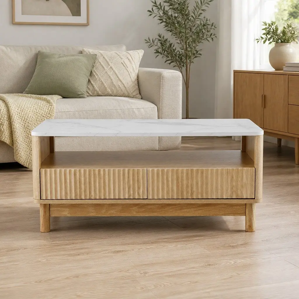Coffee Table with Drawer Shelf Marble Effect Wood White 90cm