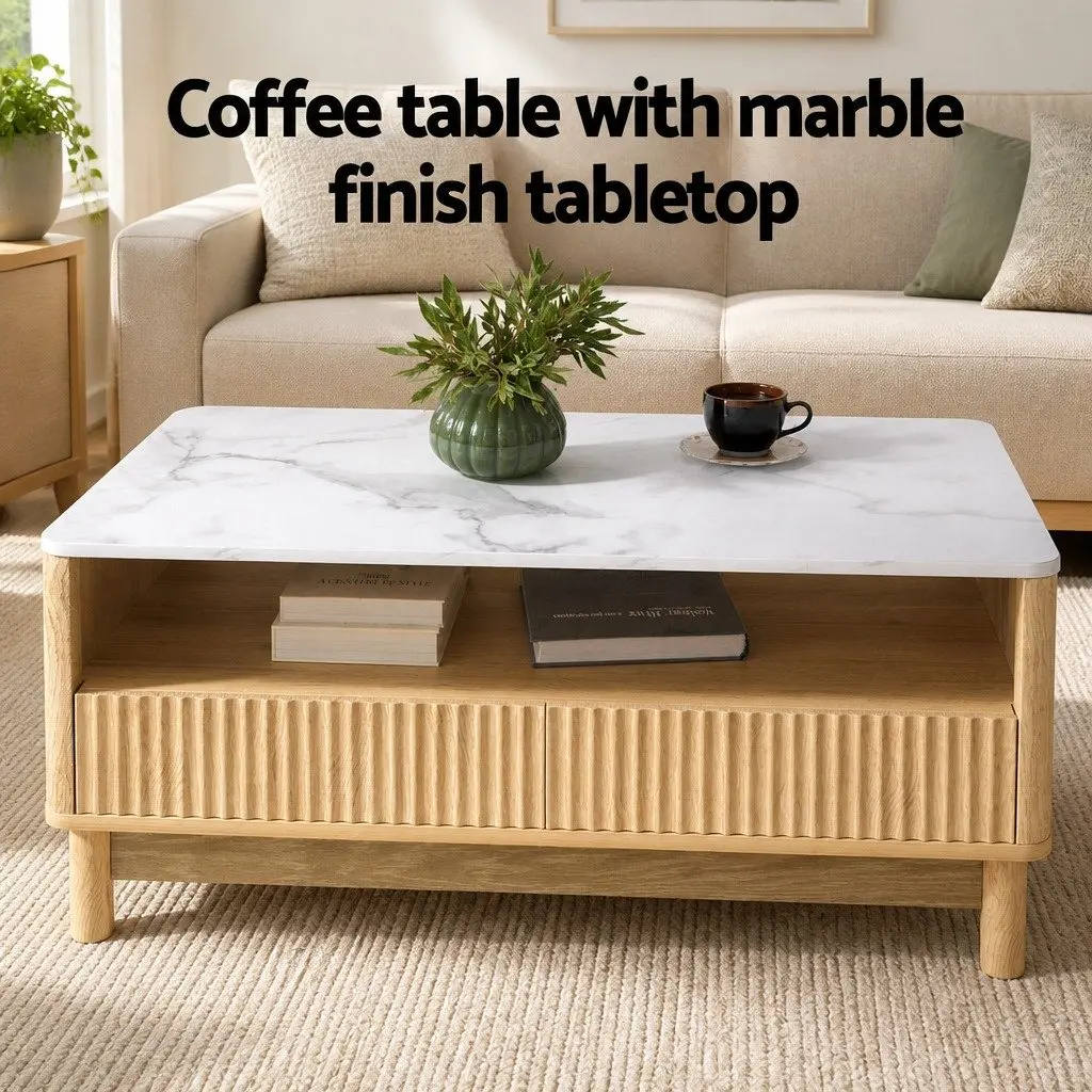 Coffee Table with Drawer Shelf Marble Effect Wood White 90cm