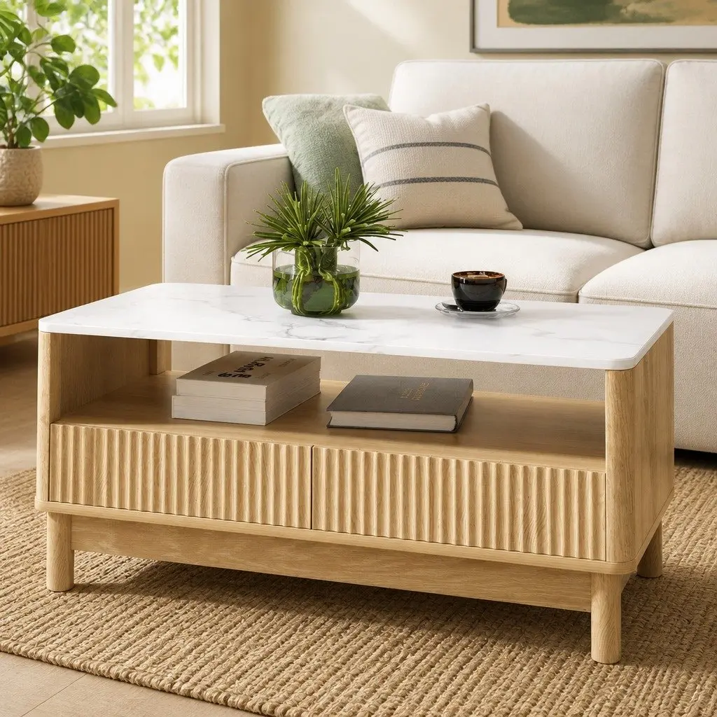 Coffee Table with Drawer Shelf Marble Effect Wood White 90cm
