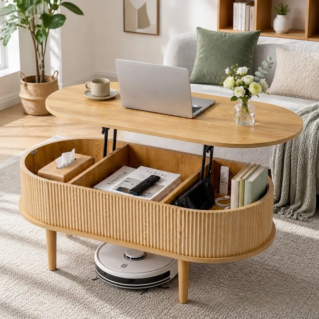 Lift Top Coffee Table 2-in-1 Functionality 100cm Oval Modern Wood-Look