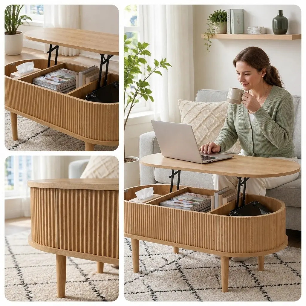 Lift Top Coffee Table 2-in-1 Functionality 100cm Oval Modern Wood-Look