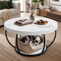 Round Coffee Table with 2-Tier Design and Marble Top