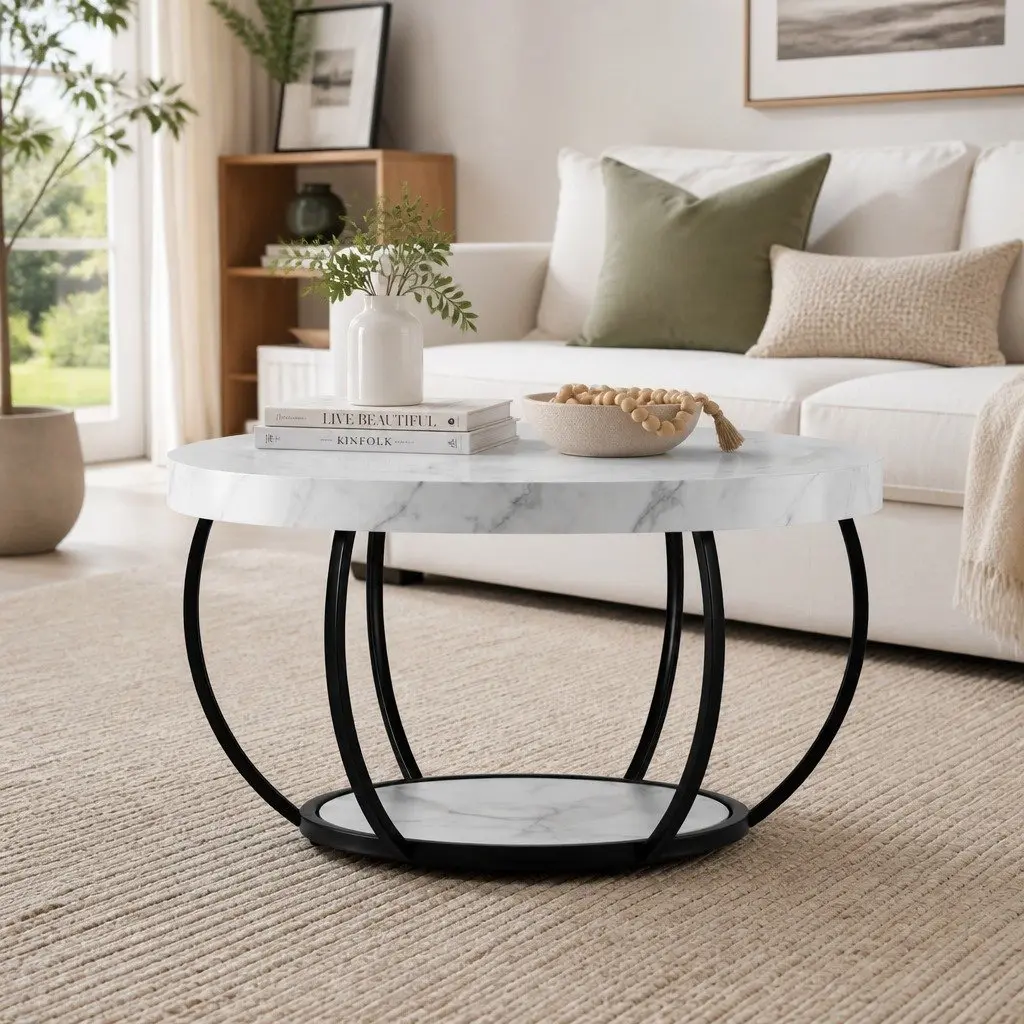 Round Coffee Table 2-Tier Storage 80cm White Black