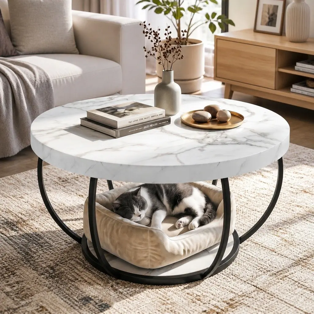 Round Coffee Table 2-Tier Storage 80cm White Black