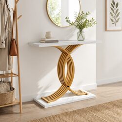 White and Gold Console Table with Faux Marble Design