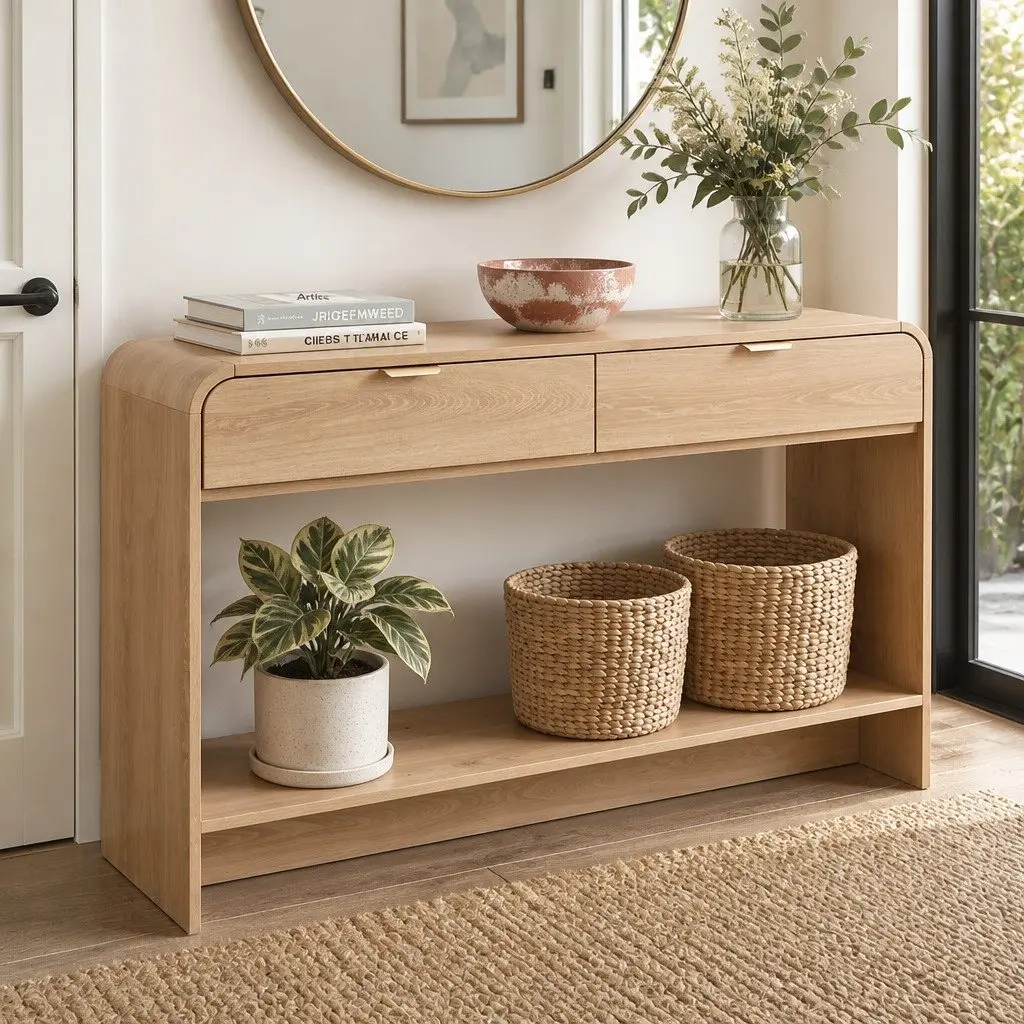 Pine Console Table Storage with Drawers Open Shelf Curved Edge 120CM
