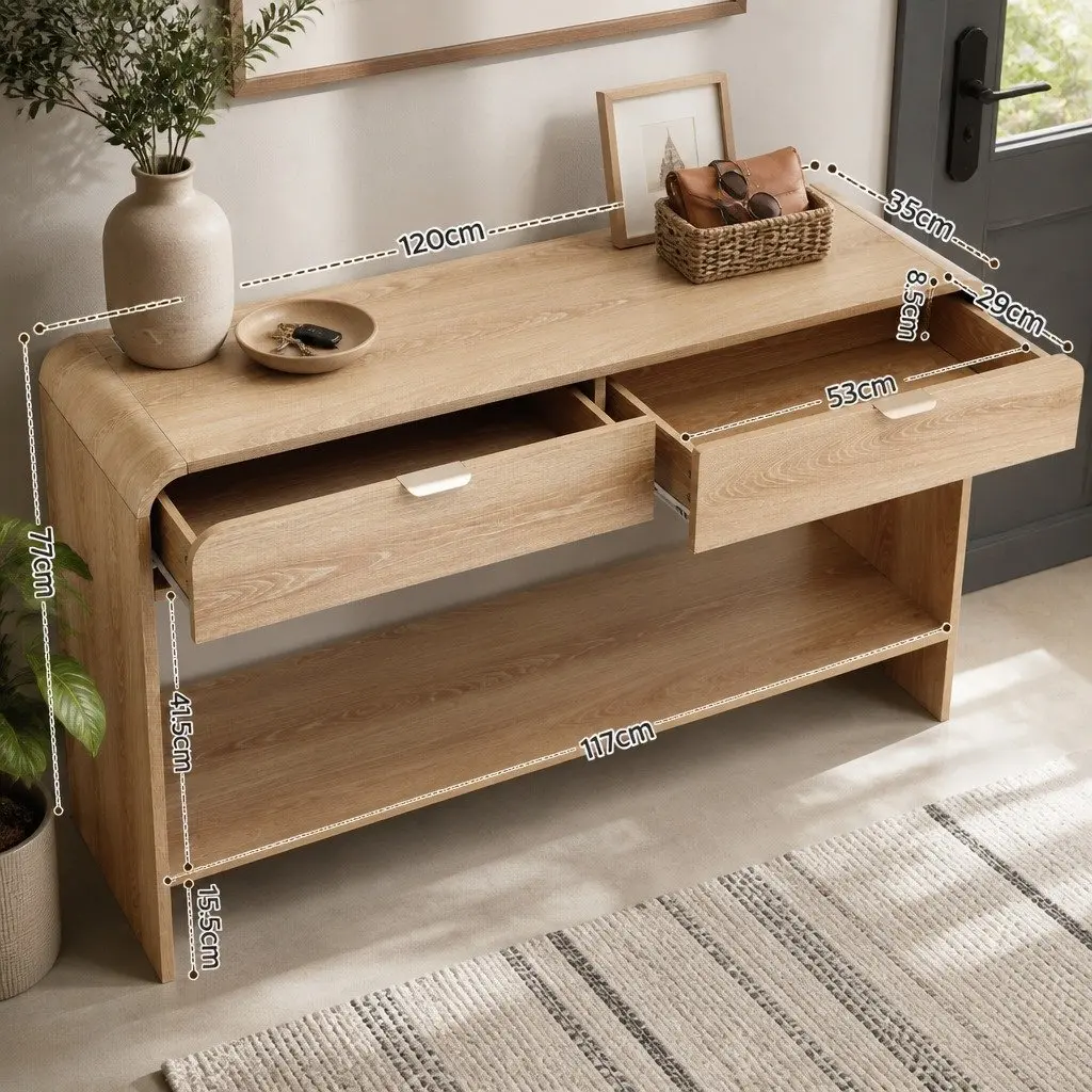 Pine Console Table Storage with Drawers Open Shelf Curved Edge 120CM