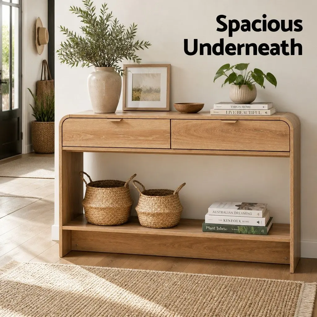 Pine Console Table Storage with Drawers Open Shelf Curved Edge 120CM