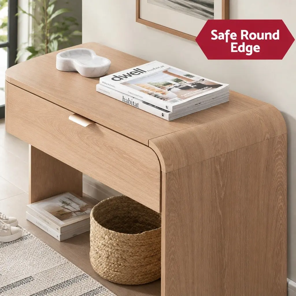 Pine Console Table Storage with Drawers Open Shelf Curved Edge 120CM