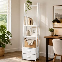 5 Tier Ladder Bookshelf with Fabric Drawers and Steel Frame