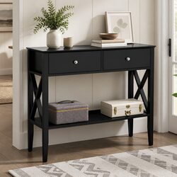 2-Drawer Black Console Table with Open Shelf Storage