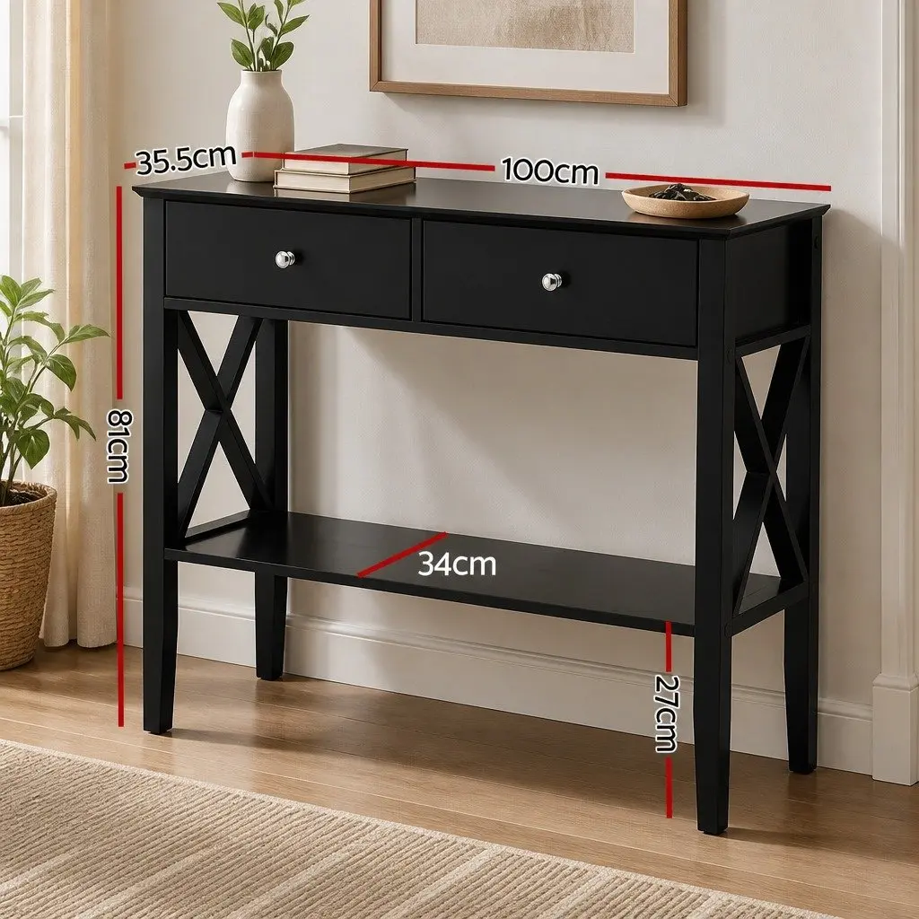 Console Table 2 Drawers 100cm Black Living Room Side Table Storage Open Shelf