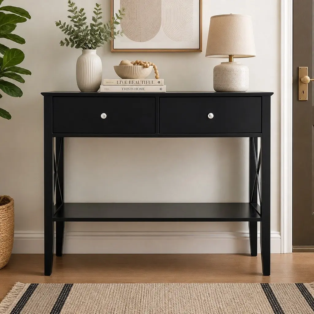 Console Table 2 Drawers 100cm Black Living Room Side Table Storage Open Shelf