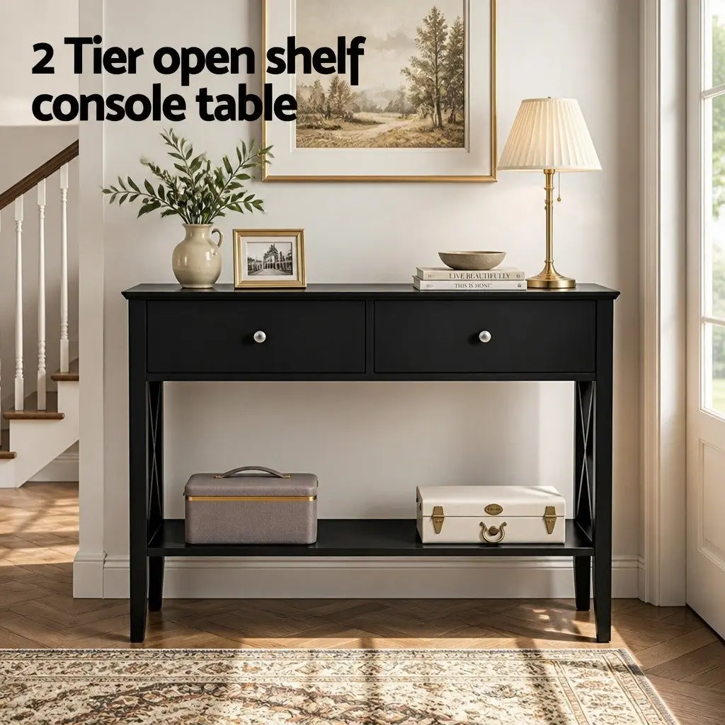 Console Table 2 Drawers 100cm Black Living Room Side Table Storage Open Shelf