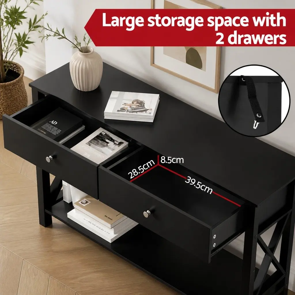 Console Table 2 Drawers 100cm Black Living Room Side Table Storage Open Shelf