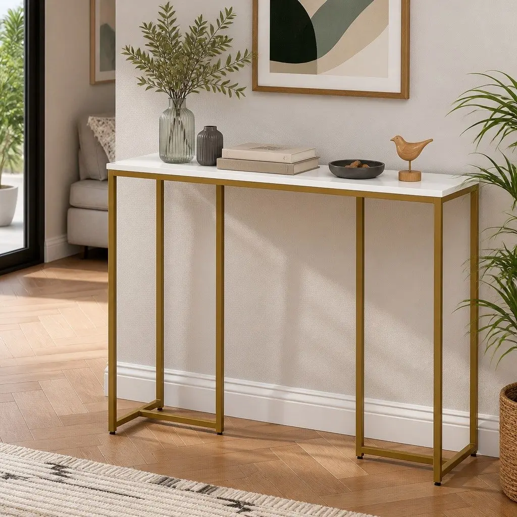Console Table Marble Effect Space-saving 95cm White Gold