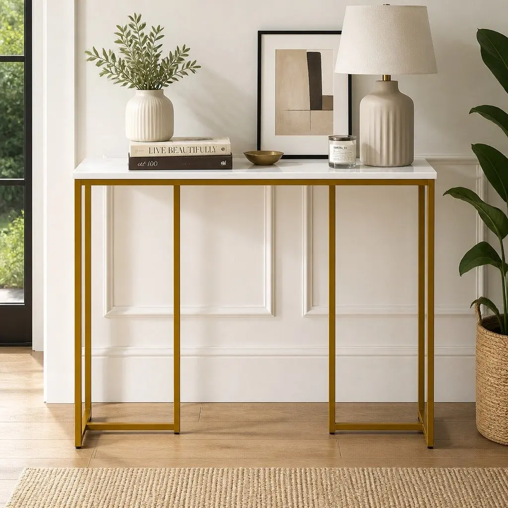 Console Table Marble Effect Space-saving 95cm White Gold