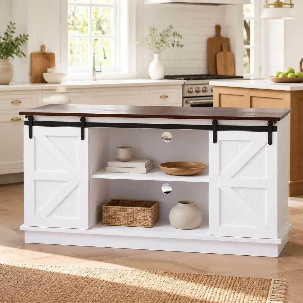 Living Room Storage Cabinet White 150cm with Sliding Barn Doors and 2-Tier Shelves