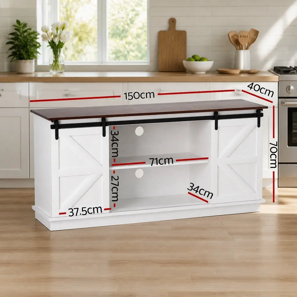 Living Room Storage Cabinet White 150cm with Sliding Barn Doors and 2-Tier Shelves