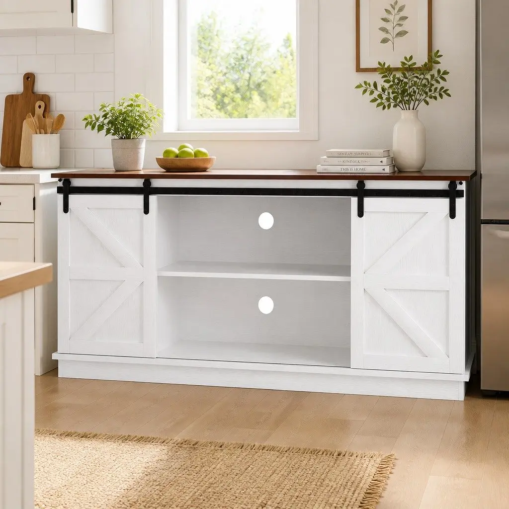 Living Room Storage Cabinet White 150cm with Sliding Barn Doors and 2-Tier Shelves