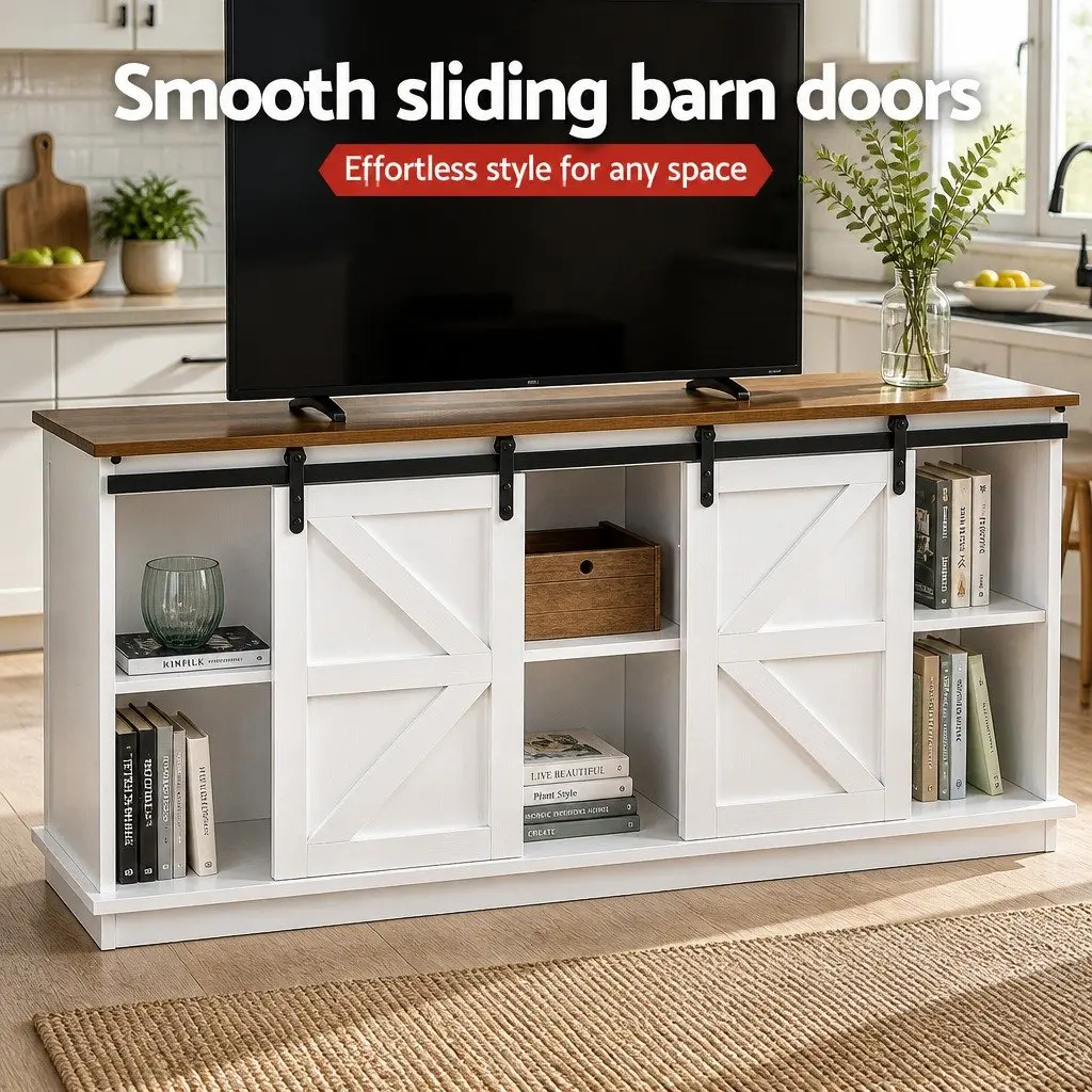 Living Room Storage Cabinet White 150cm with Sliding Barn Doors and 2-Tier Shelves