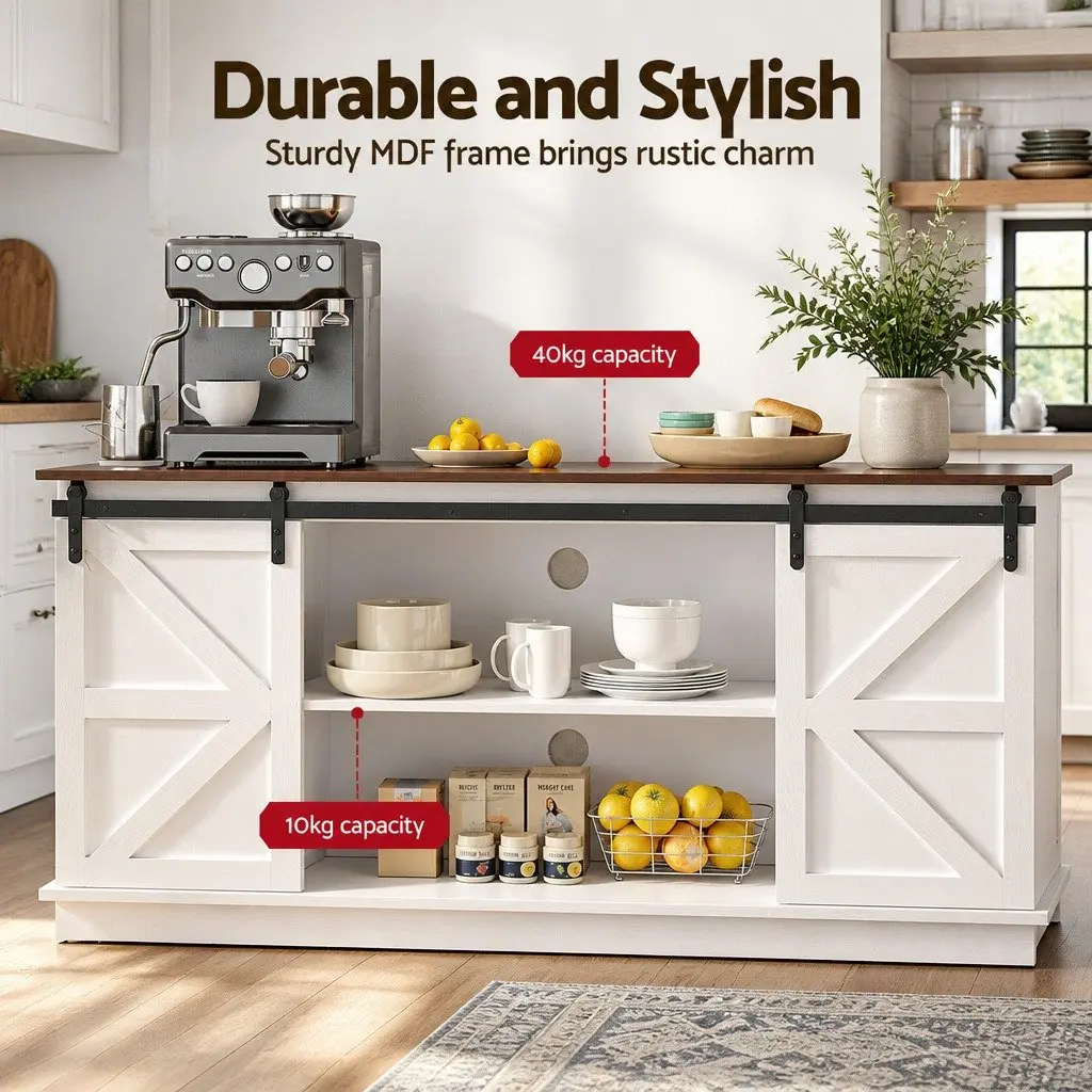 Living Room Storage Cabinet White 150cm with Sliding Barn Doors and 2-Tier Shelves