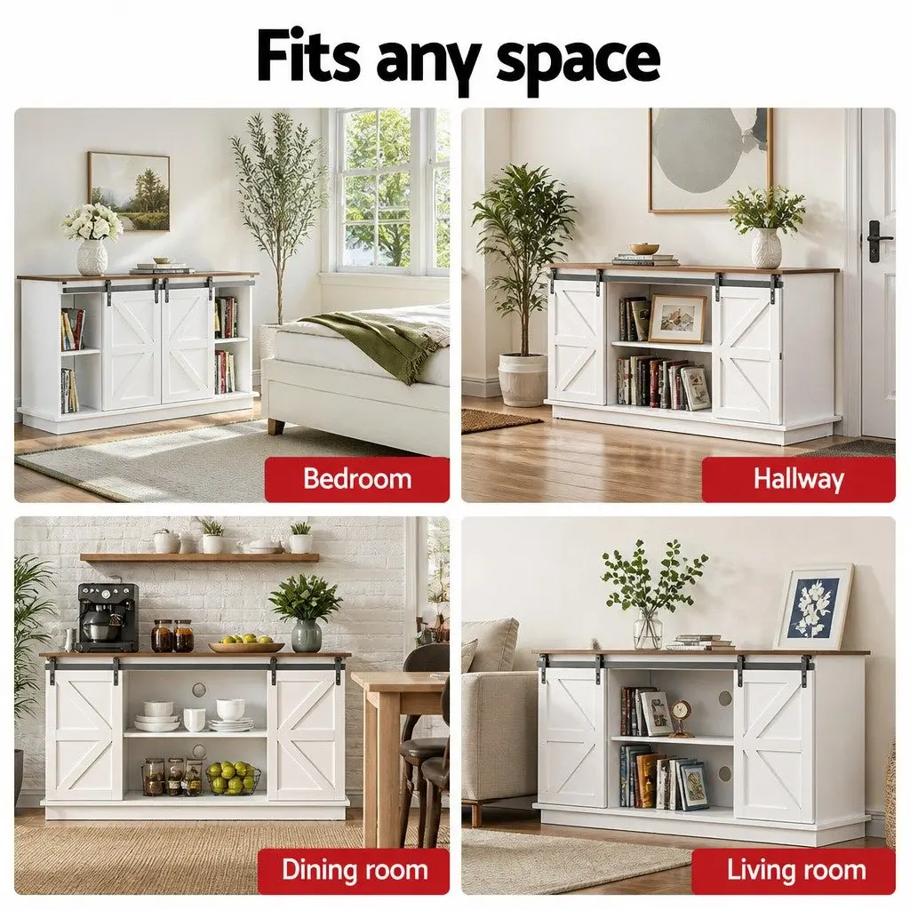 Living Room Storage Cabinet White 150cm with Sliding Barn Doors and 2-Tier Shelves