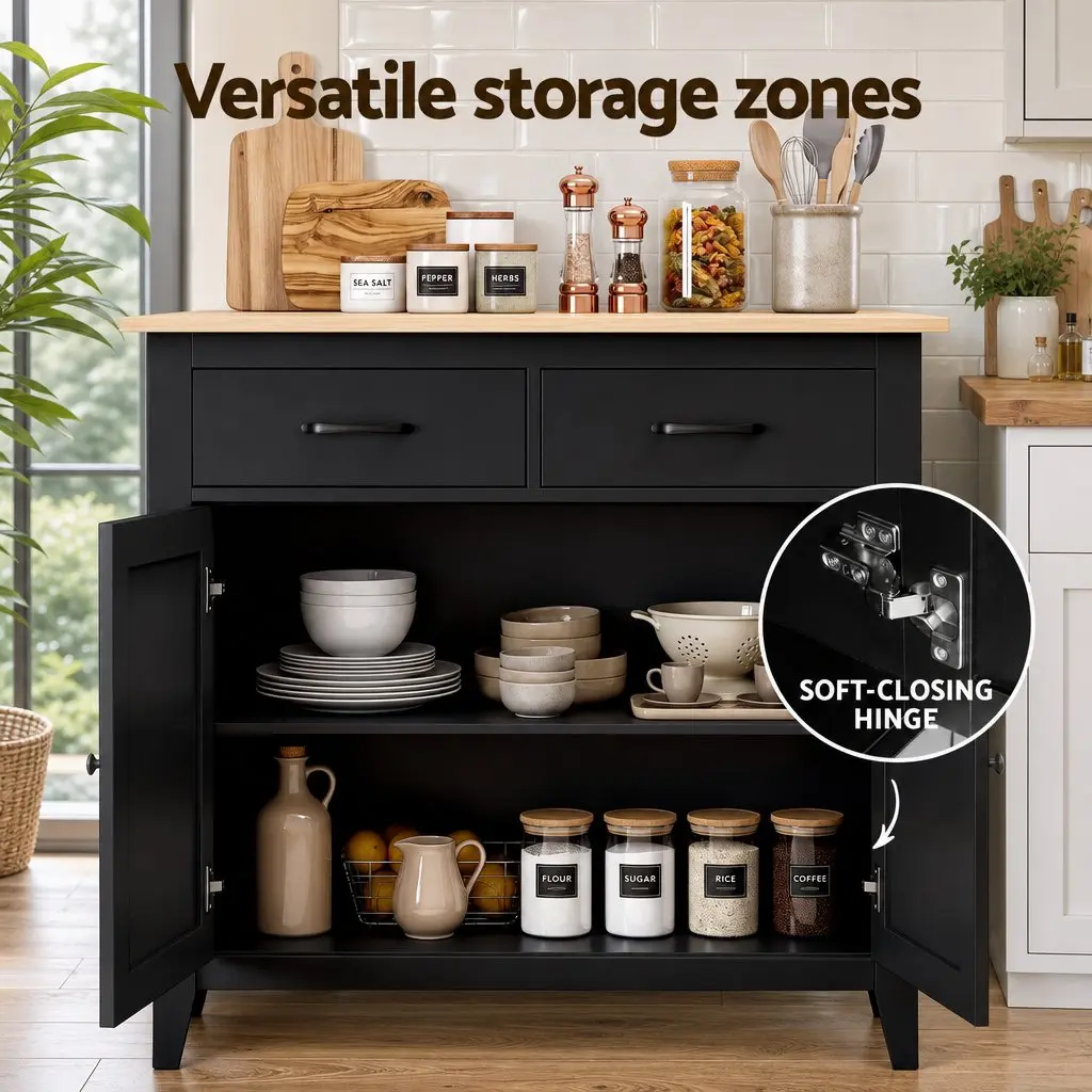 Buffet Cabinet Storage 90cm Black MDF 2 Drawer Sideboard for Kitchen and Dining