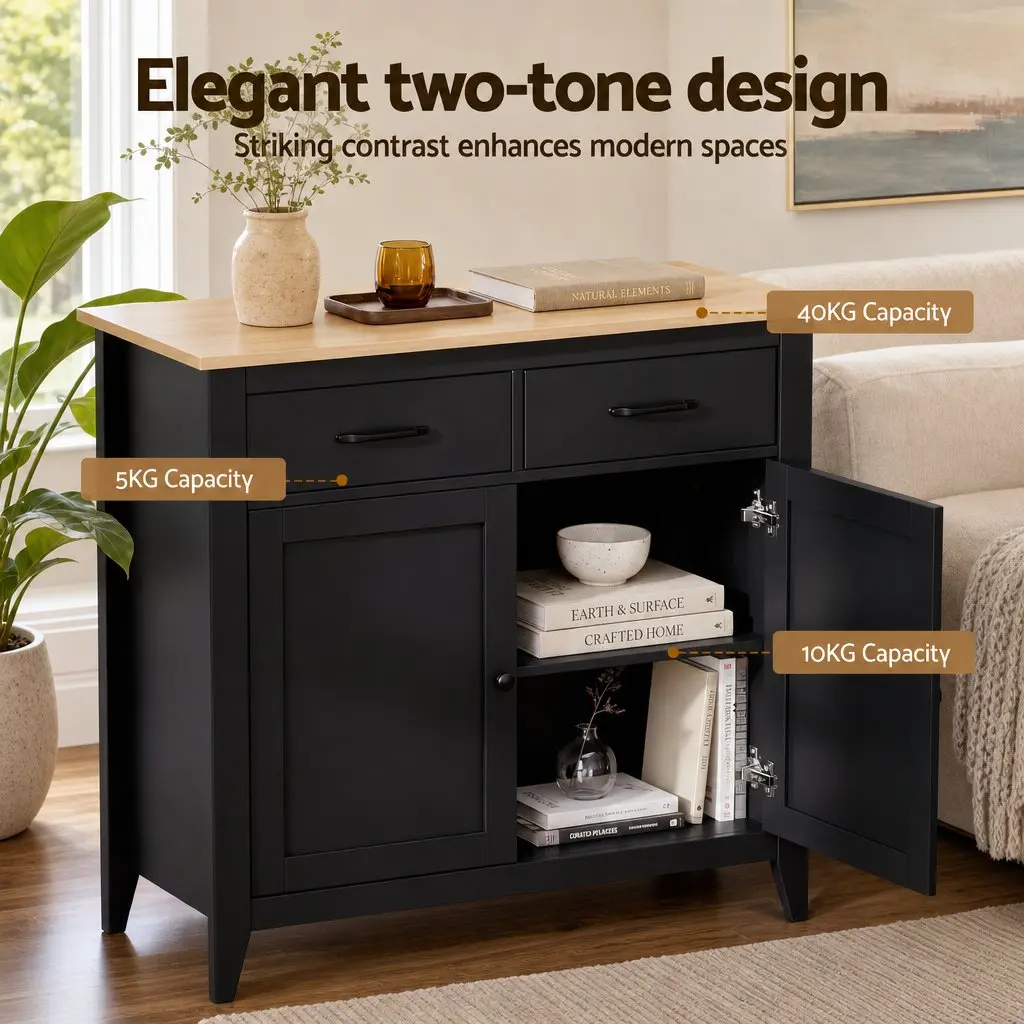 Buffet Cabinet Storage 90cm Black MDF 2 Drawer Sideboard for Kitchen and Dining