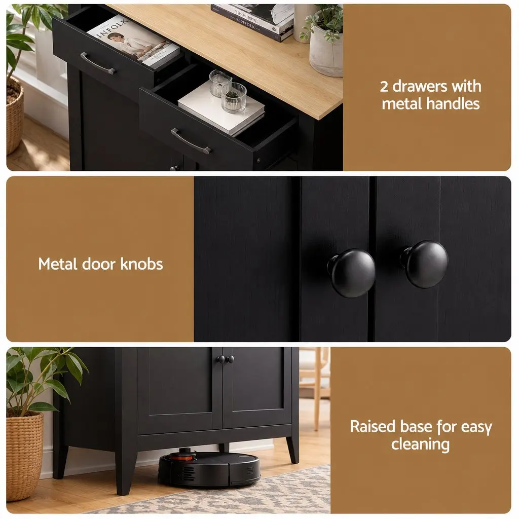 Buffet Cabinet Storage 90cm Black MDF 2 Drawer Sideboard for Kitchen and Dining