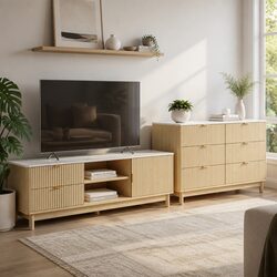 Solid Wood Legs Pine Storage Set: TV Unit & Drawers