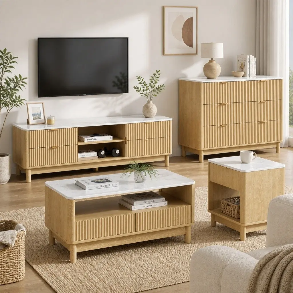TV Unit and Chest of Drawers Set with Soft-Close Hinges Pine Colour