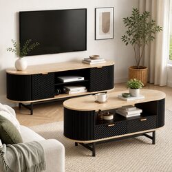 MDF Black Pine TV Unit and Coffee Table Set for Organized Living