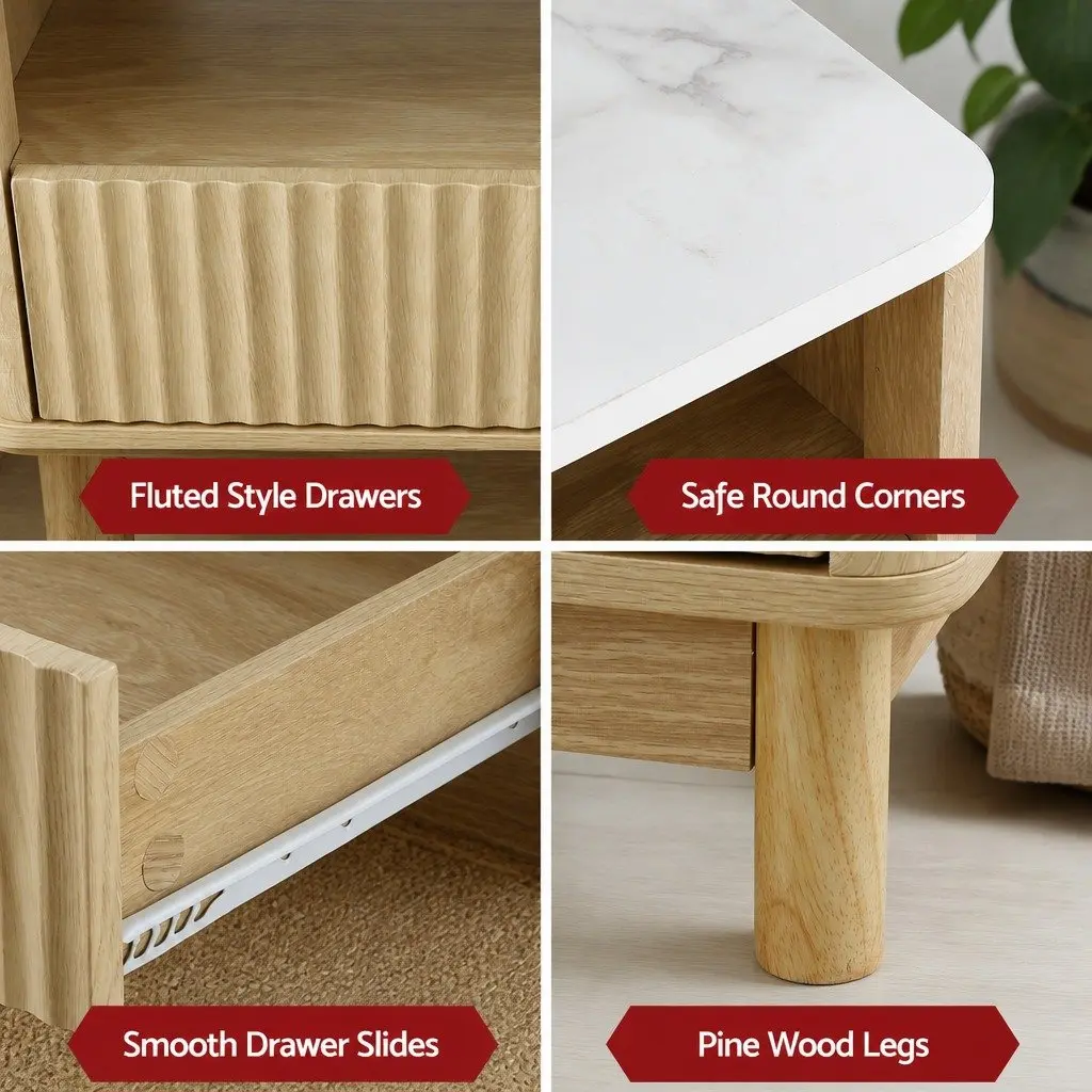 TV Entertainment Unit & Coffee Table Set with Storage Drawers Pine Wood Legs