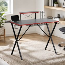 Two-Tier Gaming Desk with Cup Holder and Storage Solutions