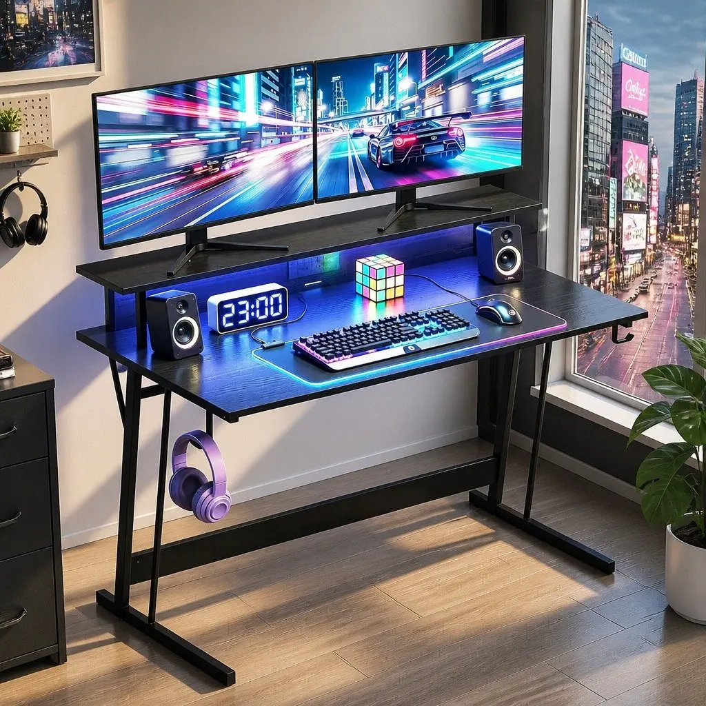 Gaming Desk Ergonomic Monitor Shelf 120cm Black