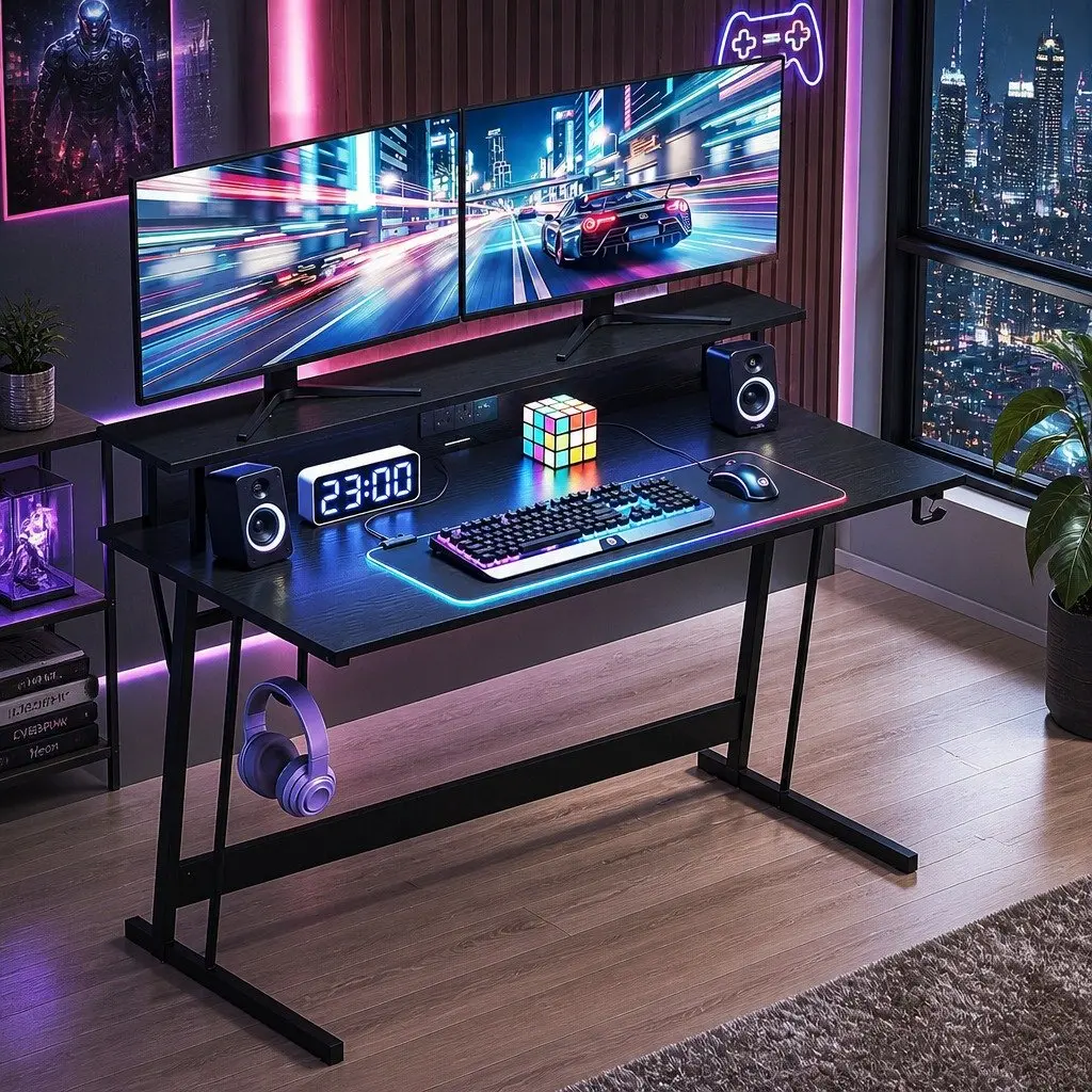 Gaming Desk Ergonomic Monitor Shelf 120cm Black