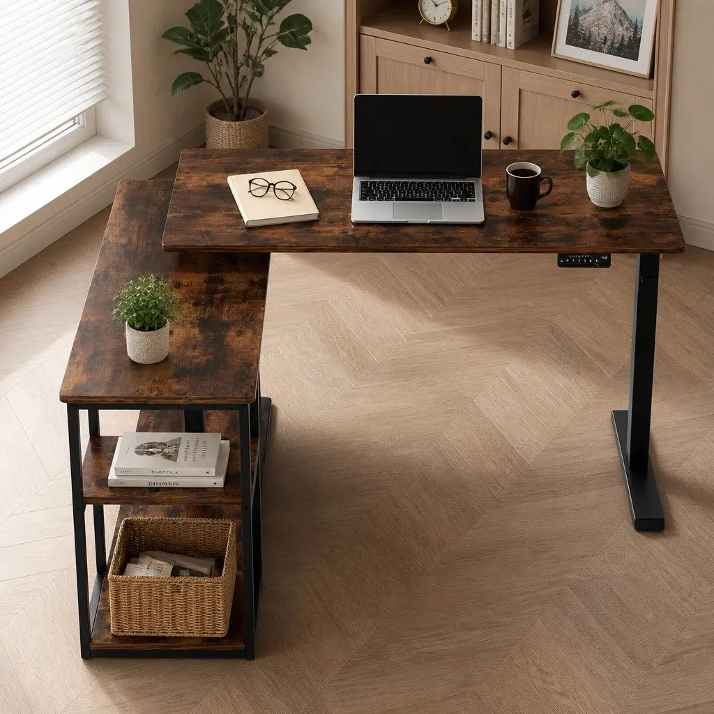 Electric Standing Desk Adjustable Height L-Shaped Walnut Rustic Brown 120 x 120 cm