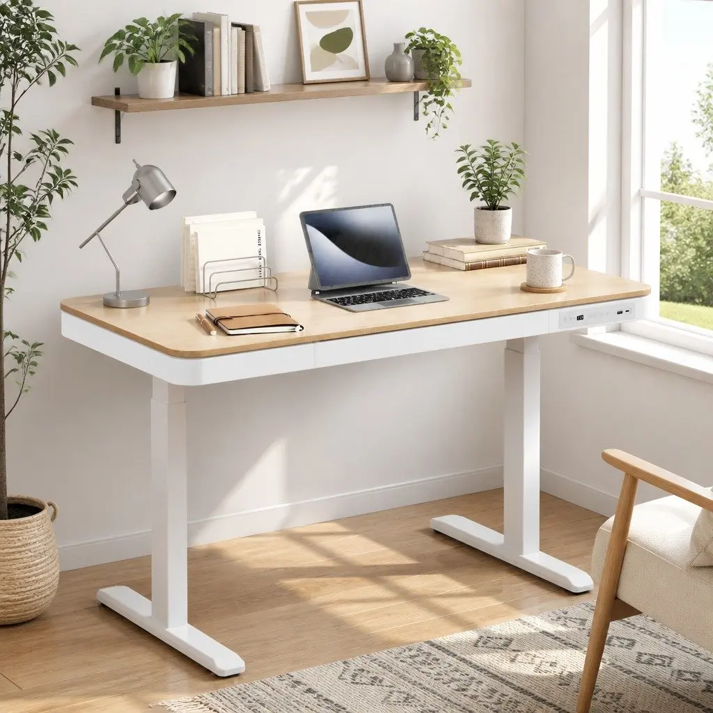 Electric Sit Stand Desk Walnut Colour 120cm Height Adjustable Motorised with Storage Drawer and USB Ports