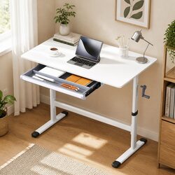 Adjustable Height White Workstation 100CM with Drawer
