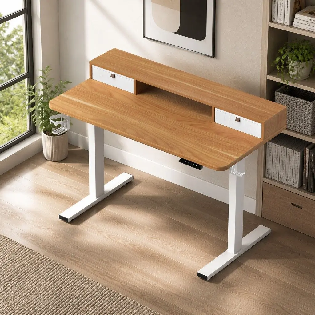 Electric Desk Motorised Height Adjustable Oak Finish Office Size 120x60cm White Frame