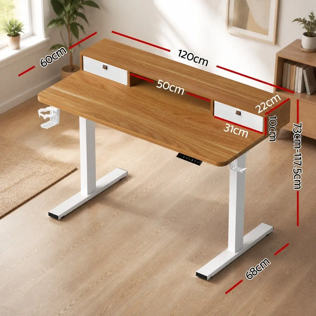 Electric Desk Motorised Height Adjustable Oak Finish Office Size 120x60cm White Frame