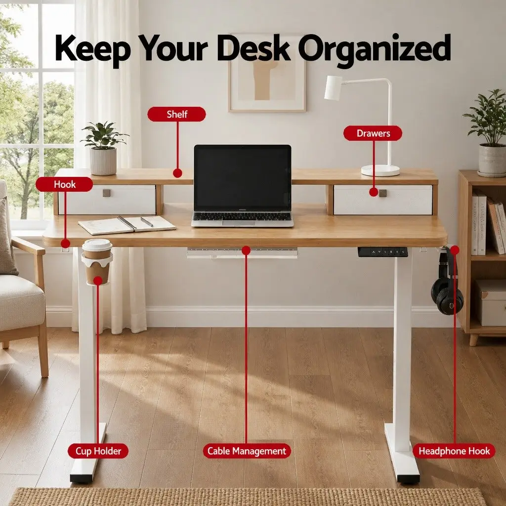 Electric Desk Motorised Height Adjustable Oak Finish Office Size 120x60cm White Frame