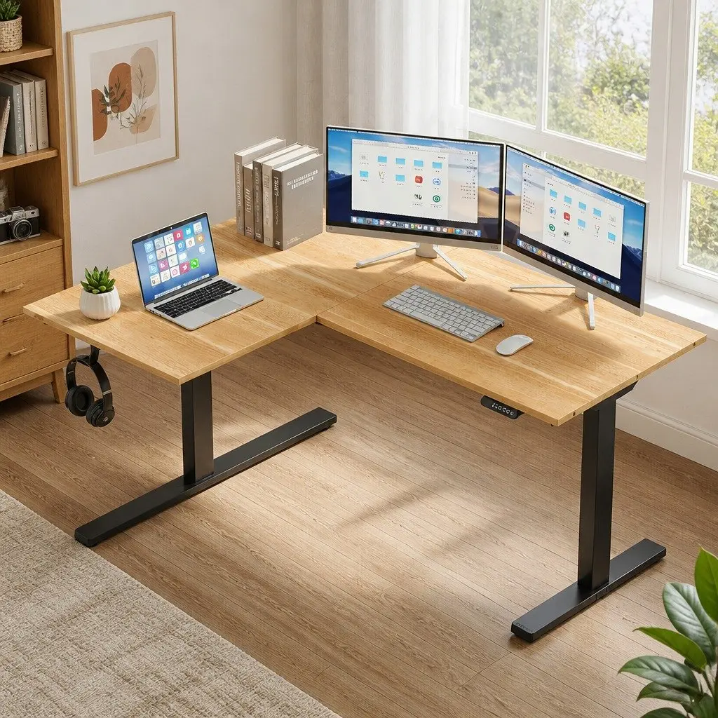 L-Shape Electric Standing Desk Height Adjustable Dual Motor Oak Black 140 x 110 cm