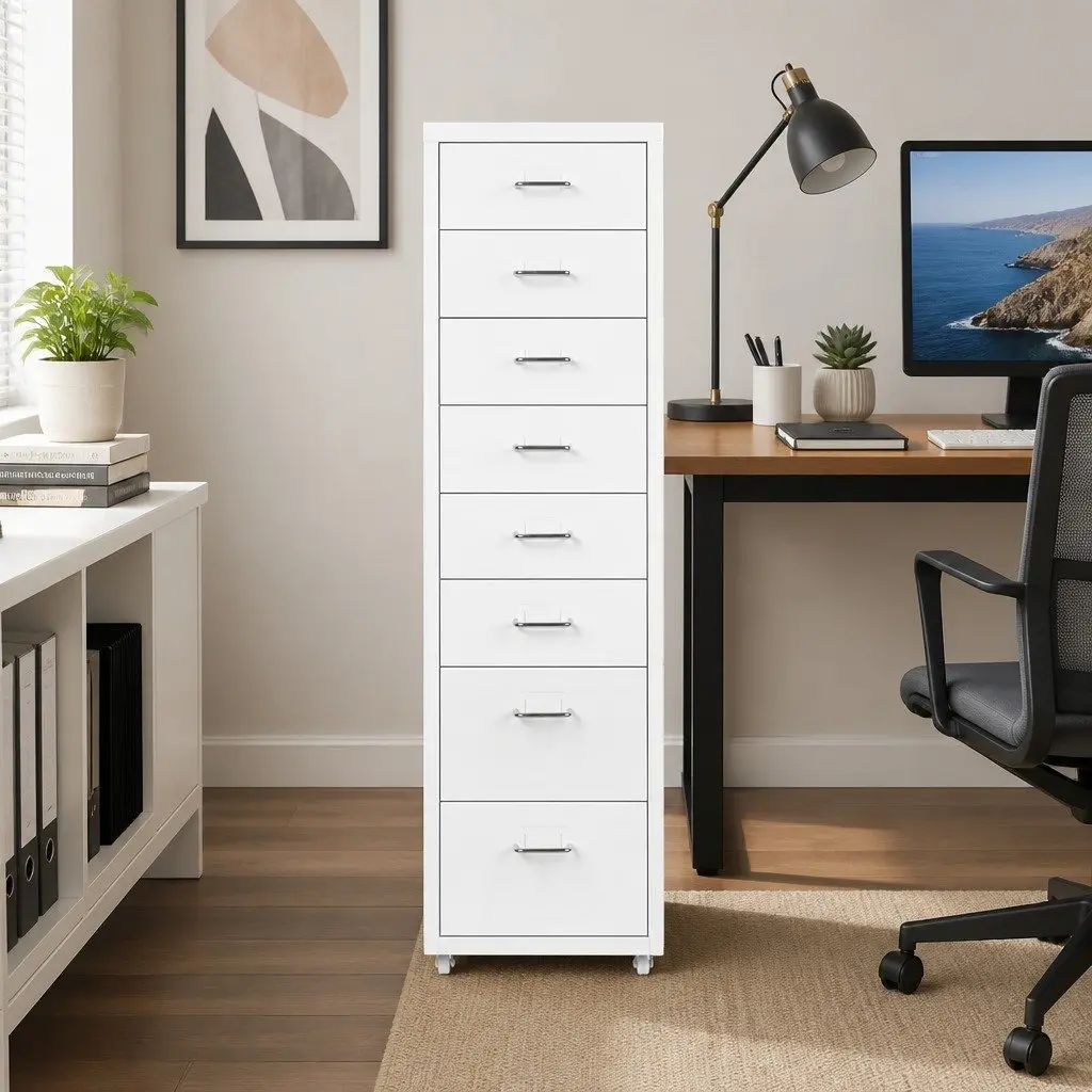 Filing Cabinet 8 Drawer Compact Steel Organizer White